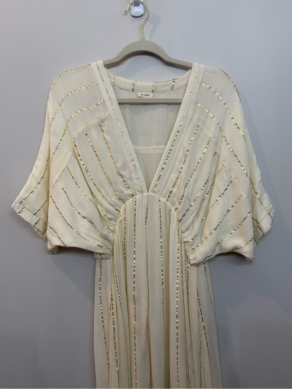 En Crème Sabrina Lurex Kimono Maxi Dress Cream Gold Stripes Asymmetrical Hem L - Picture 2 of 13